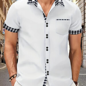 Men's Lightweight Summer Shirt - Black & White Checkered Button-Up Blouse, Non-Stretch Fabric for Formal & Casual Outfits - Easy-Care Everyday Office Party Attire, Versatile Top, Stylish Stitching, Breathable Material, Short Sleeve Blouse, Fashionconscious Men