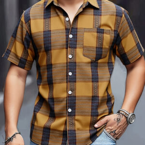 Men's Casual Plaid Short Sleeve Button-Up Shirt - Stylish Summer Wear with Chest Pocket, Yellow & Black Checkered Design, Lightweight Non-Stretch Fabric, Perfect for Everyday Use, Short Sleeve Tops, PLUS SIZE