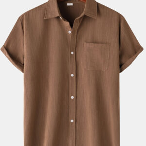 Men'S Casual Brown Short-Sleeve Shirt with Pocket - Loose Fit, Non-Stretch Polyester, Summer Style, Button-Up, Casual Attire|Casual Style Shirt|Woven Fabric