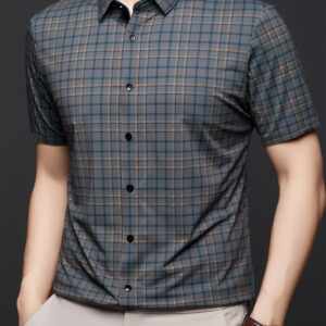 Men'S Stylish Plaid Short Sleeve Shirt - Comfortable Button-Up Collar, Dark Blue & White Check Pattern, Perfect for Summer Casual Outings, Ideal Birthday Gift for Him