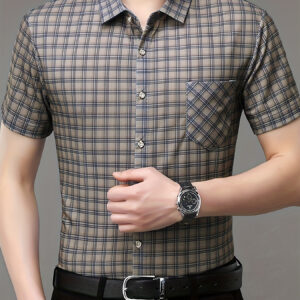 Men's Summer Plaid Short Sleeve Button-Up Shirt with Chest Pocket - Stylish Business Casual Lapel Collar, Machine Washable, Green/Black/White/Gray Checkered Pattern, Cute Shirts for Summer, Nontransparent Material