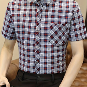 Jingmoli Men's Short Sleeve Casual Shirt - Classic Grid Pattern Red/Black/White, Button-Up Placket, Chest Pocket, Regular Fit for Office & Casual Wear
