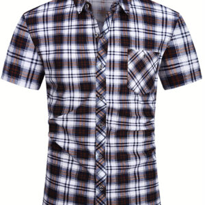 Men'S Plus Size Short Sleeve Plaid Shirt with Chest Pocket - Casual Button-Up, All-Season Fashion, Regular Fit, Stretchy Fabric, Casual Attire|Plaid Pattern Shirt|Slight Stretch Fabric