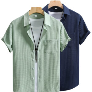 Fashionable Casual 2pcs Waffle Breathable Button-Up Short-Sleeve Shirt