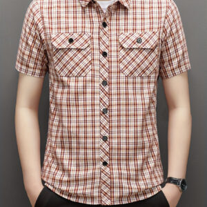Men'S Summer Plaid Short Sleeve Shirt - Lightweight Breathable Outdoor Casual Workwear with Button-Up Front, Chest Pockets & Adjustable Cuffs for Hiking, Camping, Casual Attire, Camping Gear, Hiking Apparel, Classic Collar, Durable Fabric, Functional Pockets, Active Lifestyle, Workwear Style, Easy Care, Active Men