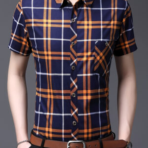 Jingmoli Men's Casual Short Sleeve Shirt - Navy & Orange Plaid Button-Up Summer Shirt with Chest Pockets, Classic Collar & Umbrella Hem, Breathable Fabric for Outdoor Leisure, Leisure Clothing | Contrast Color Design | Durable Casualwear