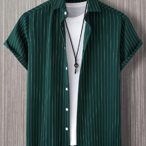 Men'S Summer Casual Short Sleeve Polyester Lapel Collar Stripes Shirt, Regular Loose Fit, Non-Stretch Fabric, Button Placket, Single Breasted, 117 g/㎡ Weight, Woven, with Hoodie for Outdoor Sports, Street Wear, Harajuku, Weekend