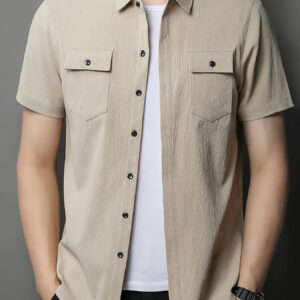 [Jing Mo Ling] Men's Short Sleeve Plain Pocket Work Shirt with Tree Pattern for Summer Outdoors Casual Shirt