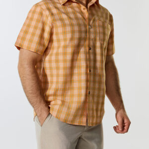 Men's Classic Plaid Short Sleeve Button-Up Shirt with Chest Pocket - Lightweight Polyester, Summer Casual Style, Orange & White Checkered Pattern, Non-Stretch Fabric, Perfect for Casual Attire, Casual Occasions | Classic Plaid Design | Smooth Finish Shirt, Short Sleeve Tops