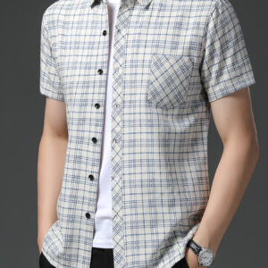 Men's Summer Short Sleeve Checkered Plaid Shirt - Lightweight Breathable Pink & White Casual Button-Front Blouse with Chest Pocket, Machine Washable for Beach, Semi-Formal & Casual Attire - Versatile Summer Outfits (Regular Fit, Wrinkle-Resistant Fabric, Classic Collar, Short Sleeve, Checkered Pattern, Relaxed Fit, Suitable for Casual Outings, Available in Pink/White/Beige)