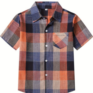 Boys' Classic Tartan Button- Shirt - Casual Short Sleeve with Chest Pocket, 100% Polyester Woven Fabric, Non-Stretch, Lapel Collar, Regular Fit for Summer