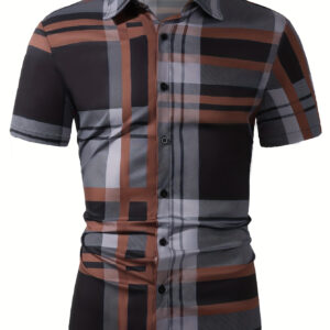 Men's Plaid Design Short Sleeve Lapel Shirt Top, Male Casual Button Up Shirt For Summer Daily Wear