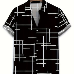 Men's Casual Short Sleeve Hawaiian Shirt with Trendy Geometric Stripe Print - Lightweight Polyester, Ideal for Summer Vacation & Resort Wear, Machine Washable