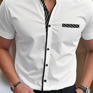 Men's Light Blue Casual Short Sleeve Shirt with Black Contrast Collar & Cuffs - Stand-Up Collar, Machine-Washable Fabric, Regular Fit for Summer, Office, Commute & Streetwear, Classic Buttonup Design, Nontransparent Material