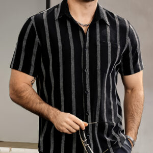 Men's Retro Hawaiian Shirt - Black & Brown Vertical Striped Beach Shirt, Button-Up Short Sleeve Formal Casual Summer Shirt for Vacation, Parties, Casual Attire - Machine Washable Lightweight Formal Attire, Vacation Apparel, Classic Collar Design, Durable Casualwear