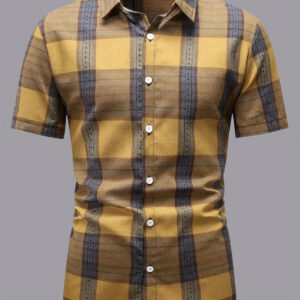 Men's Lightweight Summer Casual Plaid Short Sleeve Shirt - 86% Polyester, Classic Collar, Regular Fit, Hand Wash/Dry Clean, Beige & Dark Brown Checkered Pattern, Short Sleeve Tops