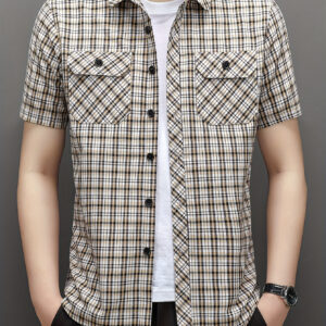 Men's Summer Short Sleeve Plaid Shirt with Utility Pockets - Green/Beige Checkered Workwear & Casual Button-Front Shirt, Breathable Non-Stretch Fabric, Classic Collar & Chest Pocket for Outdoor & Everyday Use (Regular Fit)