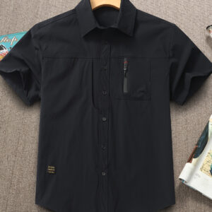Men's Business Casual Shirt - Black Formal office & Everyday Shirt with Chest Pocket, Lightweight Short Sleeve Button-Up for Professionals, Machine Washable Summer Blouse, Professional Attire, Streetwear Fashion, Quality Construction, Versatile Top, Young Adults