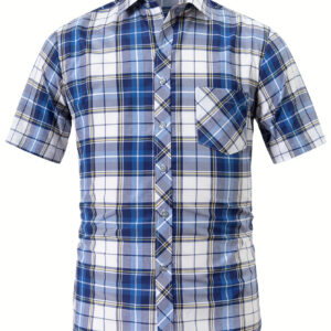 Men's Casual Summer Short Sleeve Shirt with Plaid Stripes, Fashionable Open Collar Cardigan with Pockets