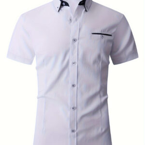 Men'S Summer Short Sleeve Shirt, Casual Color Block Lapel Collar, 60% Polyester 40% Cotton, Non-Stretch Woven Fabric, Weekend Casual Business Shirt with Fake Pockets, Single Breasted Placket