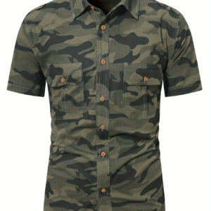 Men'S Camo Shirt - Button-Up Formal & casual office shirting, Non-Stretch Fabric, Olive Green/Black/ Brown/, Pocket for Everyday & Formal Events - Lightweight Summer Business casual Attire, Camouflage Print, Classic Collar Design, Work Attire, Street Style, Breathable Material, Buttonup Top, Professional Men
