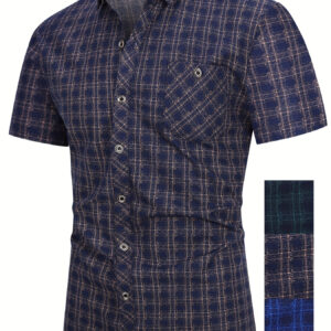 Men'S Casual Short-Sleeve Plaid Shirt with Chest Pocket - Blue & White Check Pattern, Button-Up, Summer Outdoor Wear, Casual Attire|Check Pattern Shirt|Short Sleeve Shirt
