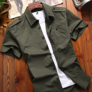 Men's Casual Cargo Shirt with Pockets - Short Sleeve, Button-Up, Olive Green, Flap Pockets, Lightweight & Breathable for Casual Attire
