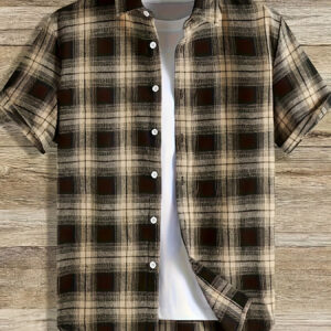 Men'S Casual Plaid Button-Up Shirt - Short Sleeve, Regular Fit, Summer Style, Brown & White Checkered Pattern, Classic Collar Design, Perfect for Casual Attire, Everyday Shirt | Classic Collar Shirt | Buttonup Front, Short Sleeve Shirt