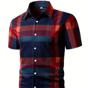 Men's Casual Plaid Short-Sleeve Shirt - Breathable Polyester, Button-Up Collar, Summer Fashion, Men's, Plaid Print, Short Sleeve, Shirt, Summer