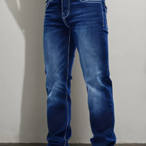 Men's Slim-Fit Embroidered Pocket Jeans - Stretch Blue Denim with White Stitching, Rayon-Polyester Blend, Mid-Rise Casual Pants, Machine Washable, All-Season Comfort