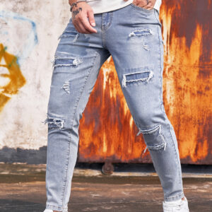 Men'S Streetwear Slim-Fit Stretch Denim Jeans with Distressed Rips - Comfortable Casual Style, Light Blue, All-Season Wear, Streetwear Jeans | Distressed Denim | Comfortable Fit