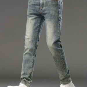 Men's Slim-Fit Stretch Denim Jeans - Casual Retro Style, Black with Green Accents, Classic Design for All Seasons, Machine Washable