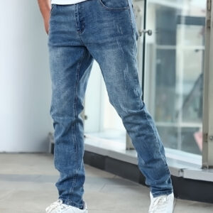 Men'S Slim-Fit Stretch Denim Jeans - Light Blue, Casual Style, All-Season Comfort, Regular Fit, Solid Color, Washed Finish, Perfect for Teens, Teenage Fashion|Casual Style Jeans|Woven Denim