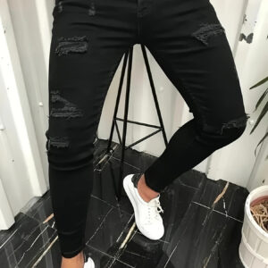 Men'S Slim-Fit Stretch Denim Jeans with Ripped Details - Casual Style, Black, Mid-Rise, Comfortable for Outdoor & Casual Attire, Allseason Jeans | Ripped Jeans | Comfortable Fit