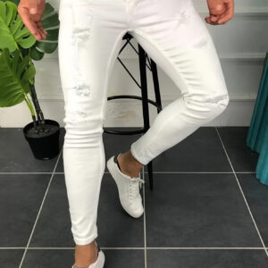 Men'S Trendy Ripped Skinny Jeans - Stretch Denim, Solid Color, Mid-Rise, Straight Leg, Casual Style, Spring/Fall Essential, High-Waisted Jean
