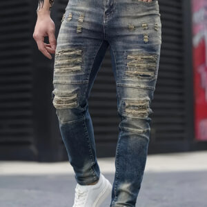 Men's Skinny Jeans - Stretch Non-See-Through Slim Fit Pants with Button Closure, Machine Washable Stretch Denim for Everyday & Formal Wear - All-Season Skinny Leg Jeans for Men, Versatile Clothing, Distressed Design, Durable Fabric