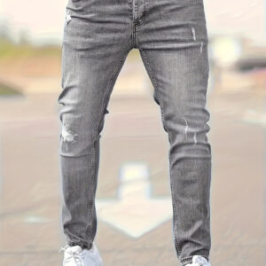 Men'S Slim Fit Ripped Jeans - Stretch Denim, Gray, Street Style with Distressed Detail, Casual Style, Perfect for Casual Attir