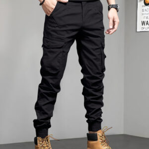 Men's Solid Cargo Pants with Multi Pockets, Slim-fit Barrel Joggers for Outdoor Activities