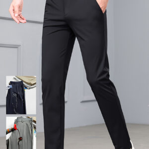Men's Formal Long Pants with Front and Back Pockets, Slim Fit Business Trousers High Elasticity Mid-Rise Zippered Drawstring Straight Leg Solid Color Classic Casual Golf Pants for Weekend Parties, No Ironing Required, Premium Hand Washable Tailored Cool Comfort Fabric Summer Leisure Slim-Fit Pants, Nylon 79.10%, Spandex 20.90%