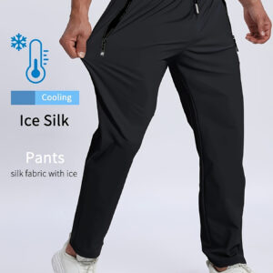 Men'S Summer Sports Pants with Zipper, Thin Ice Silky Fabric, Breathable Comfortable Running Pants, Cool Outdoor Sports Trousers, Solid Color, Straight Leg, Random Pattern, Elastic Waistband, Drawstring, Pockets, 360g/m², Polyester, All-Season Wea