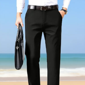 Men'S Lightweight Ice Sliky Fiber Fabric Casual Pants - Wrinkle-Resistant Stretch, Regular Fit Solid Color, Button Detail for Office & Social Events, Summer Versatile for Daily Commute, Office Wear, Sleek Design, Antiwrinkle Material