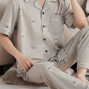Men's Pajamas, Thin Summer Style with Short Sleeves and Long Pants, Open Cardigan Half Sleeve, Loose and Comfortable Casual Wear for Home
