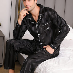 Men's Pajamas Ice Sliky Fiber Fabric Spring and Autumn Long Sleeve Long Pants Imitation Wearable Simple Casual Autumn Home Clothes Two Piece Set