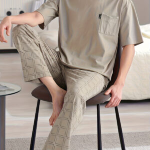 Men'S Plus Size Casual Pajama Set - Short Sleeve T-Shirt with Chest Pocket & Geometric Print Pants, Soft Breathable Fabric, Beige & Brown Striped Design, Comfortable Home Loungewear, Cozy Loungewear | Relaxed Fit Pants | Soft Fabric Pants