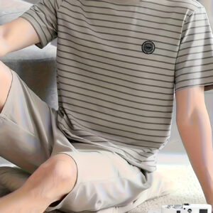 Men'S Casual Striped Pajama Set - Comfortable Short Sleeve Crew Neck T-Shirt & Drawstring Shorts, Lightweight Polyester, Regular Fit, All-Season Wear, Perfect for Home or Leisure, Leisure Wear|Striped Pattern|Polyester Fabric