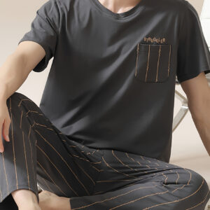 2 Pcs Men's Simple Pocket Round Neck Short Sleeve & Striped Trousers Pajama Set, Comfortable & Skin-friendly Style Pajamas For Men's Cozy Loungewear