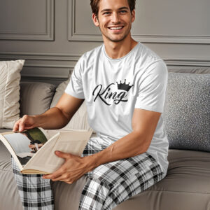 A Men'S Loungewear Set Featuring Plaid Print Pants And a White T-Shirt Adorned with a Crown Design, Which Also Displays a King Motif.