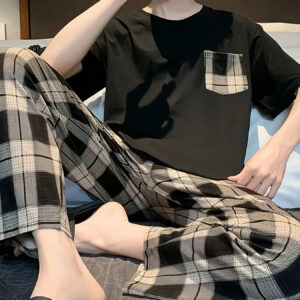 Men'S 2pcs Elegant Casual Suit - Simple Plaid Pocket Short Sleeve and Plaid Pants - Daily Wear Pajama