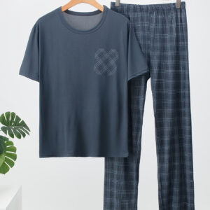 Men'S Casual Summer Pajama Set - Short Sleeve T-Shirt & Plaid Pants, Lightweight Polyester, Round Neck, Fake Pockets, All-Season Comfort, Relaxed Fit, Home Comfort Clothing | Casual Style | Polyester Fabric
