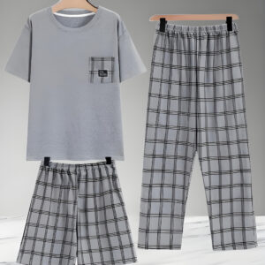 New European and American Spring, Summer, Autumn Men's Pajama Set with Short Sleeve Top + Shorts + Long Pants - 1 Top & 2 Pants Home Wear Three-Piece Suit